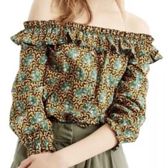 J. CREWOff Shoulder Ratti Elephant Print Top Shirt Blouse RelaxedSize 6